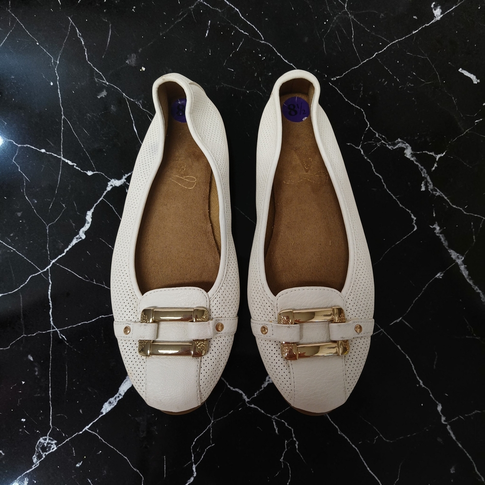 AEROSOLES Cream Perforated Leather Flats with Gold Buckle